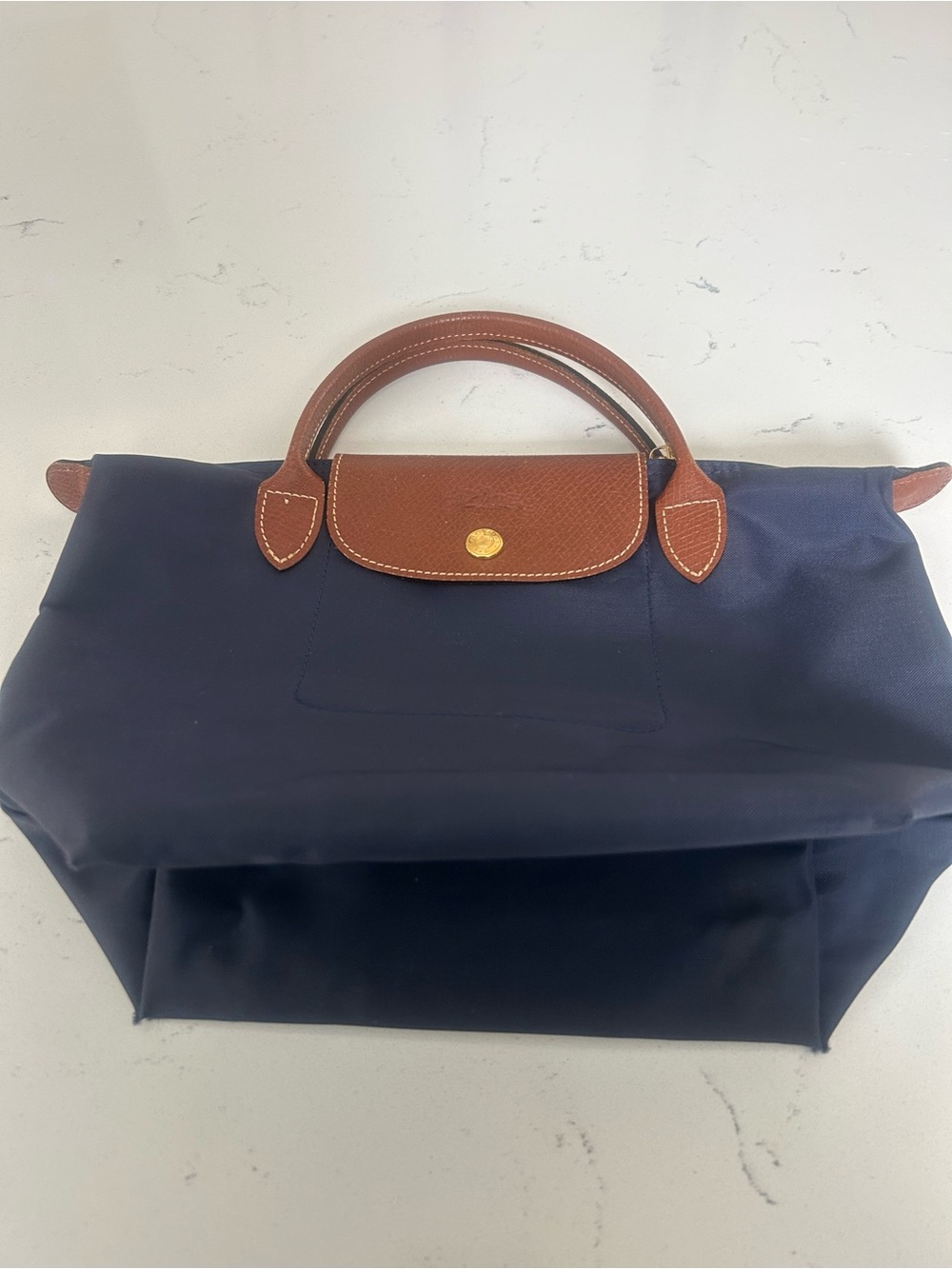 Longchamp Navy and Brown Leather-Trim Tote Bag-Small